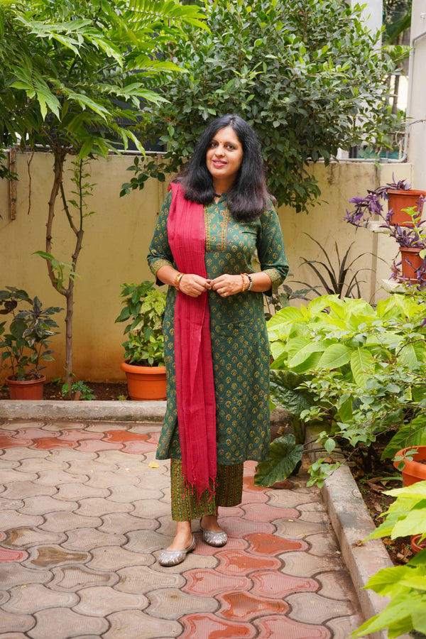 Green Sanganeri leafy hand block print two-piece cotton co-ord set for women