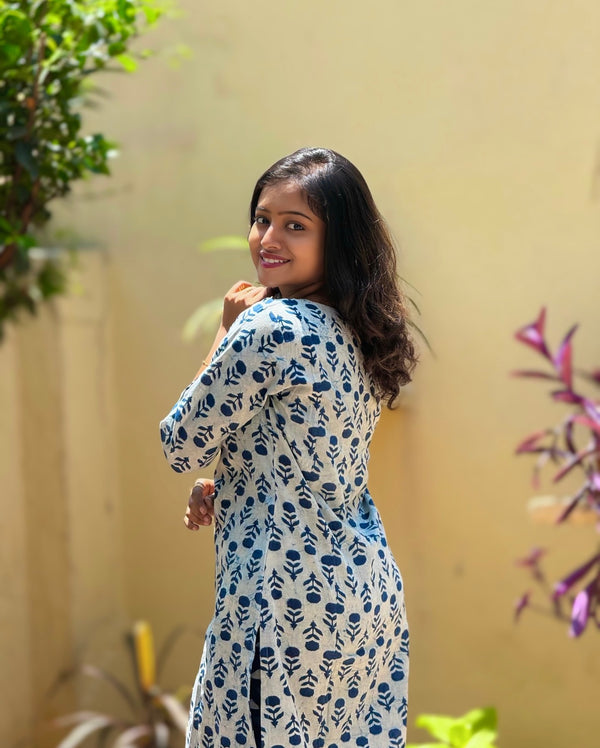 Dabu Floral print Cotton Cord Set - Indigo