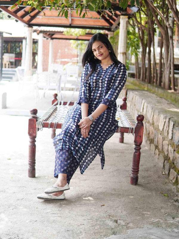 Indigo Blue Floral Bagh Hand Block Print Cotton Straight-Fit Kurta for women