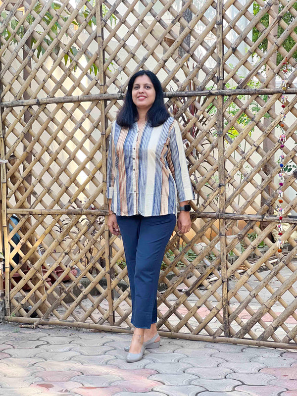 Indigo Mosaic Dabu Stripe Cotton Hand Block Print Shirt for women