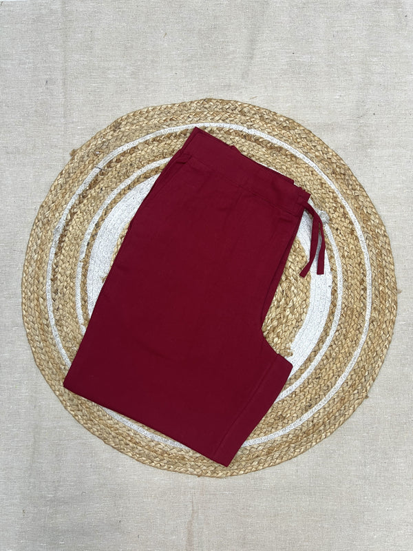 Maroon Cotton Plain Straight-Fit Elasticated Pant for women