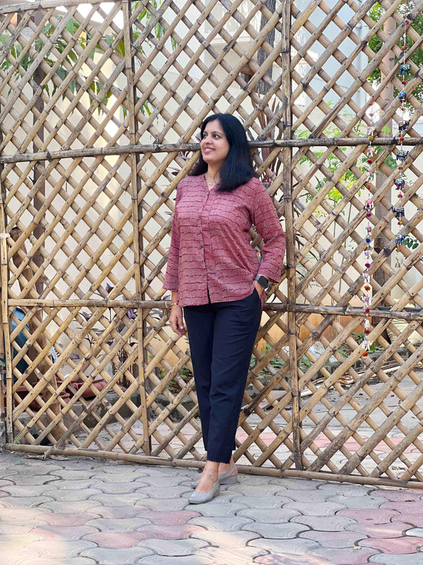 Maroon Meander Ajrakh Mul Cotton Hand Block Print Shirt for women