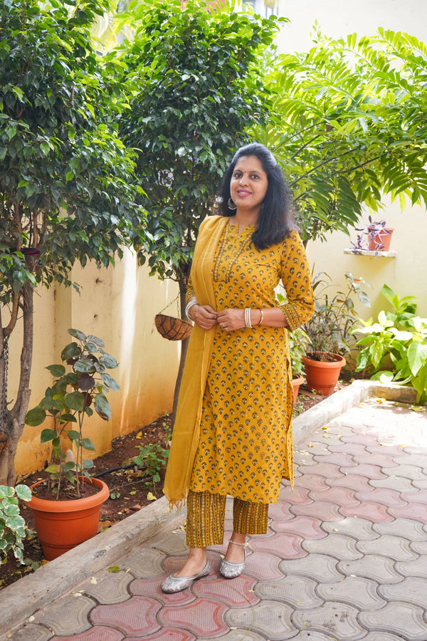 Mustard Sanganeri dotted hand block print two-piece cotton co-ord set for women