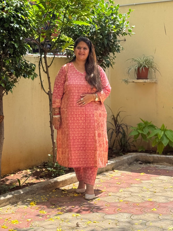 Sanganeri Print Cotton Cord Set ( 2 Piece ) -Peach Pink