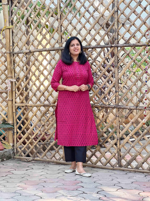 Pink Bagh Hand Block Print Cotton Straight Kurta for women