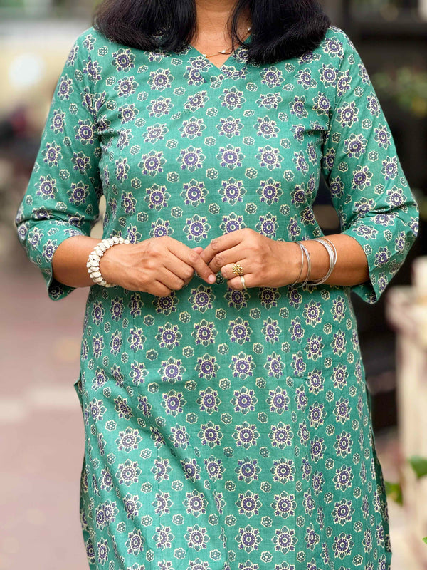 Sanganeri Print Kurta ( One Piece ) - Green