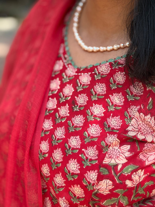 Sanganeri Print Cotton Cord Set ( 2 Piece ) -Classic Red