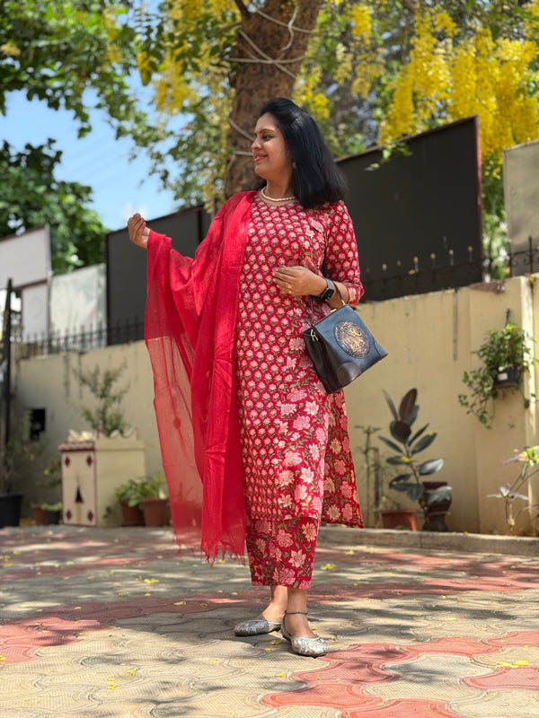 Sanganeri Print Cotton Cord Set ( 2 Piece ) -Classic Red