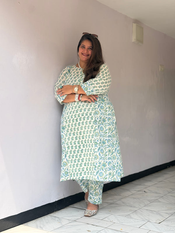 Sanganeri PrintCotton Cord Set ( 2 Piece ) - Creamy White