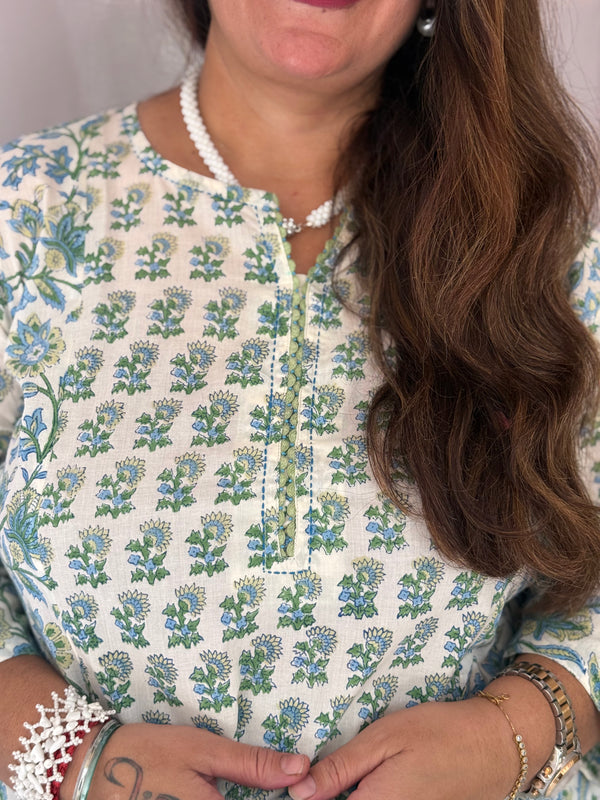 Sanganeri PrintCotton Cord Set ( 2 Piece ) - Creamy White