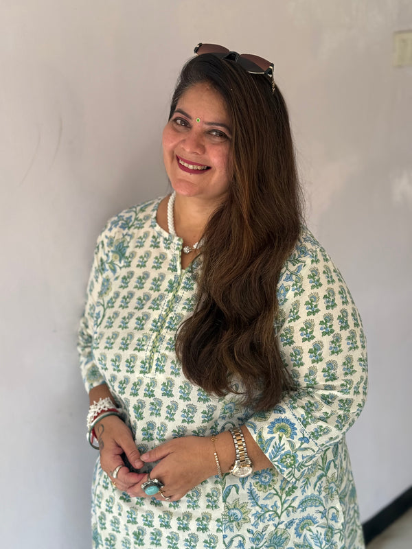Sanganeri PrintCotton Cord Set ( 2 Piece ) - Creamy White
