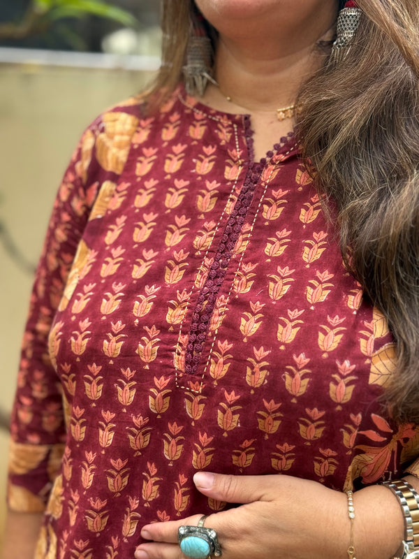 Sanganeri Print Cotton Cord Set ( 2 Piece ) - maroon
