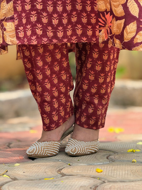 Sanganeri Print Cotton Cord Set ( 2 Piece ) - maroon