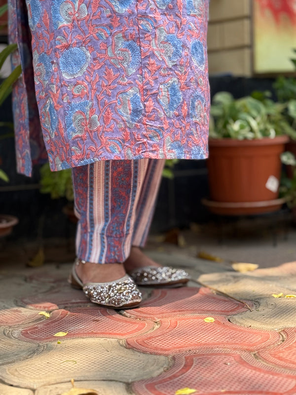 Sanganeri Print Cotton Cord Set ( 2 Piece ) - Purple Blue