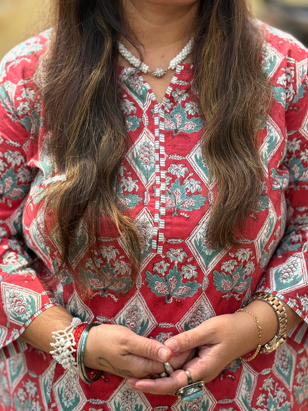 Sanganeri Print Cotton Cord Set ( 2 Piece ) - Red