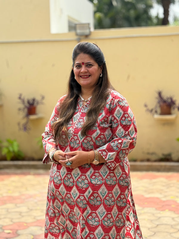 Sanganeri Print Cotton Cord Set ( 2 Piece ) - Red