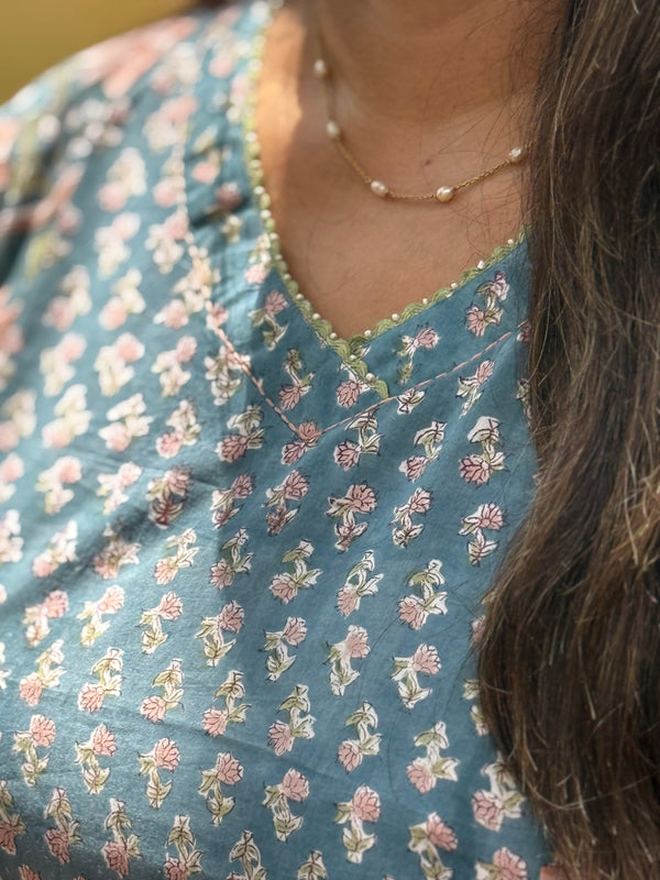 Sanganeri Print Cotton Cord Set ( 2 Piece ) -Teal Blue